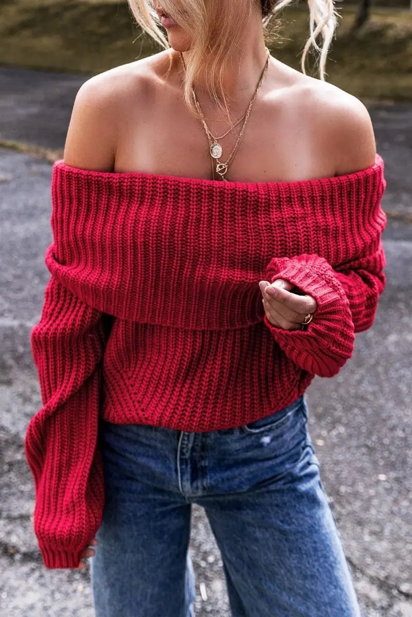 Sweaters Love Salve Racing Red Knit Sweater Women's Off-Shoulder Trendy Knitwear