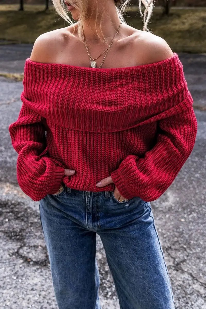 Sweaters Love Salve Racing Red Knit Sweater Women's Off-Shoulder Trendy Knitwear