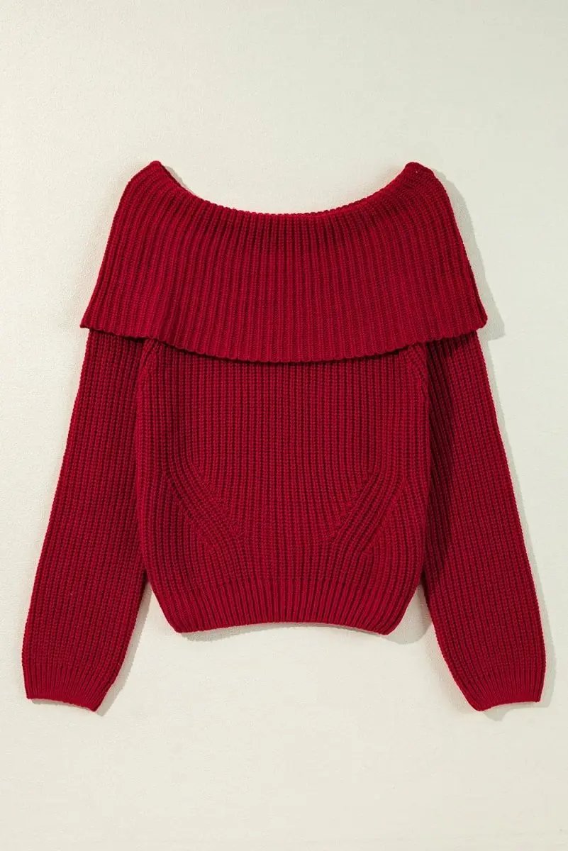 Sweaters Love Salve Racing Red Knit Sweater Women's Off-Shoulder Trendy Knitwear
