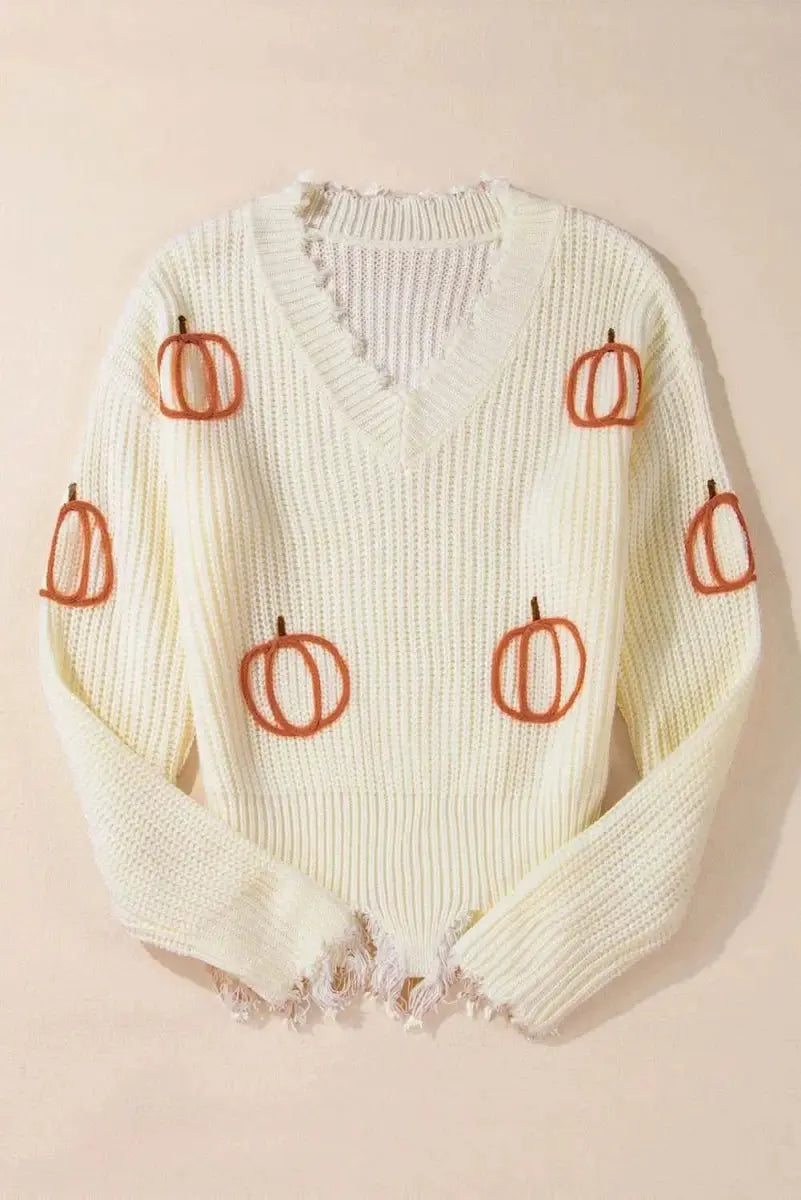 Sweaters Trendsi Raw Hem Pumpkin V-Neck Women's Fall Sweater - Cozy & Trendy