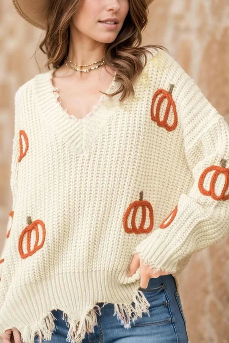 Sweaters Trendsi Raw Hem Pumpkin V-Neck Women's Fall Sweater - Cozy & Trendy