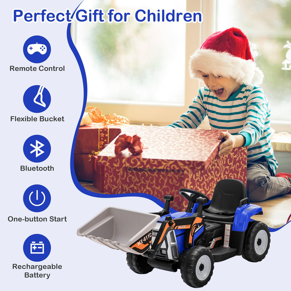 RC Electric Excavator Ride-On Toy Tractor for Kids with 2.4GHz Remote Control - 12V