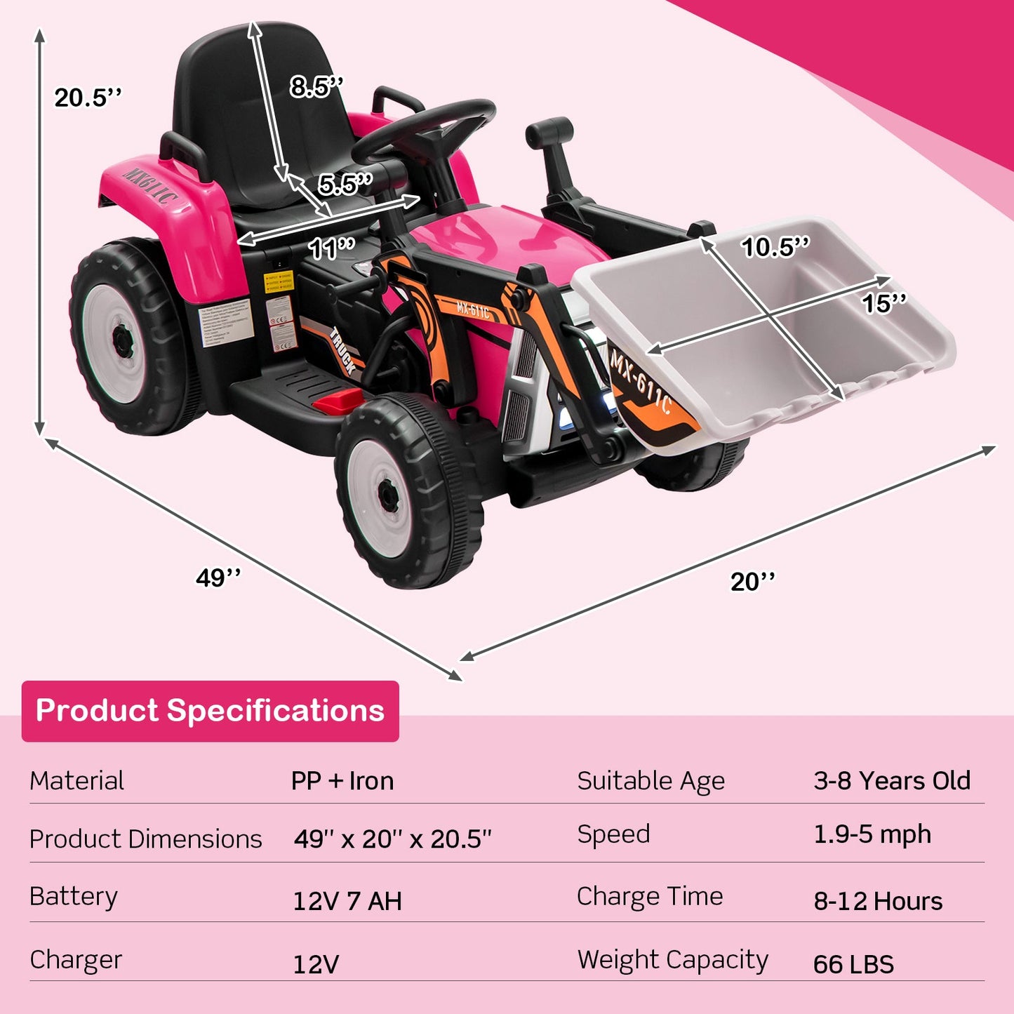 RC Electric Excavator Ride-On Toy Tractor for Kids with 2.4GHz Remote Control - 12V