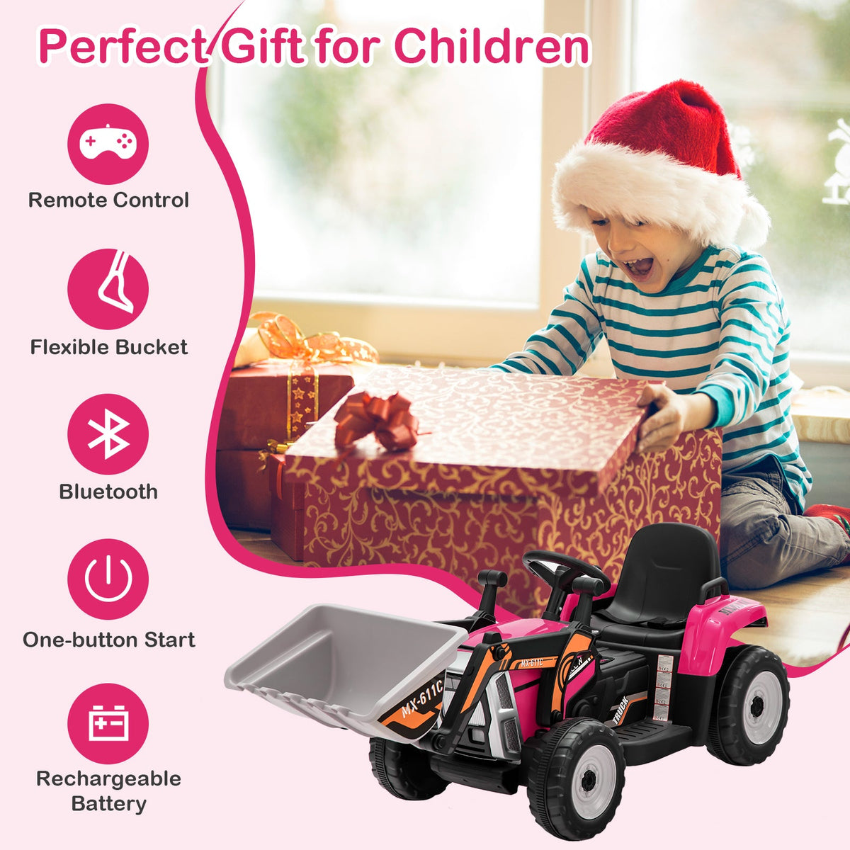 RC Electric Excavator Ride-On Toy Tractor for Kids with 2.4GHz Remote Control - 12V
