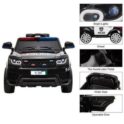 RC Kids SUV Police Car with LED Flashing Horn and Music - 12V Electric Ride On Toy