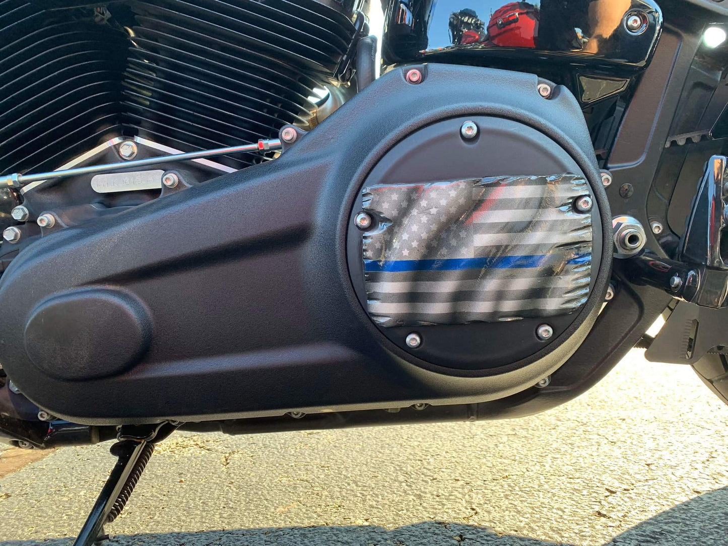 3D tattered Thin Blue Line Harley derby cover flat background