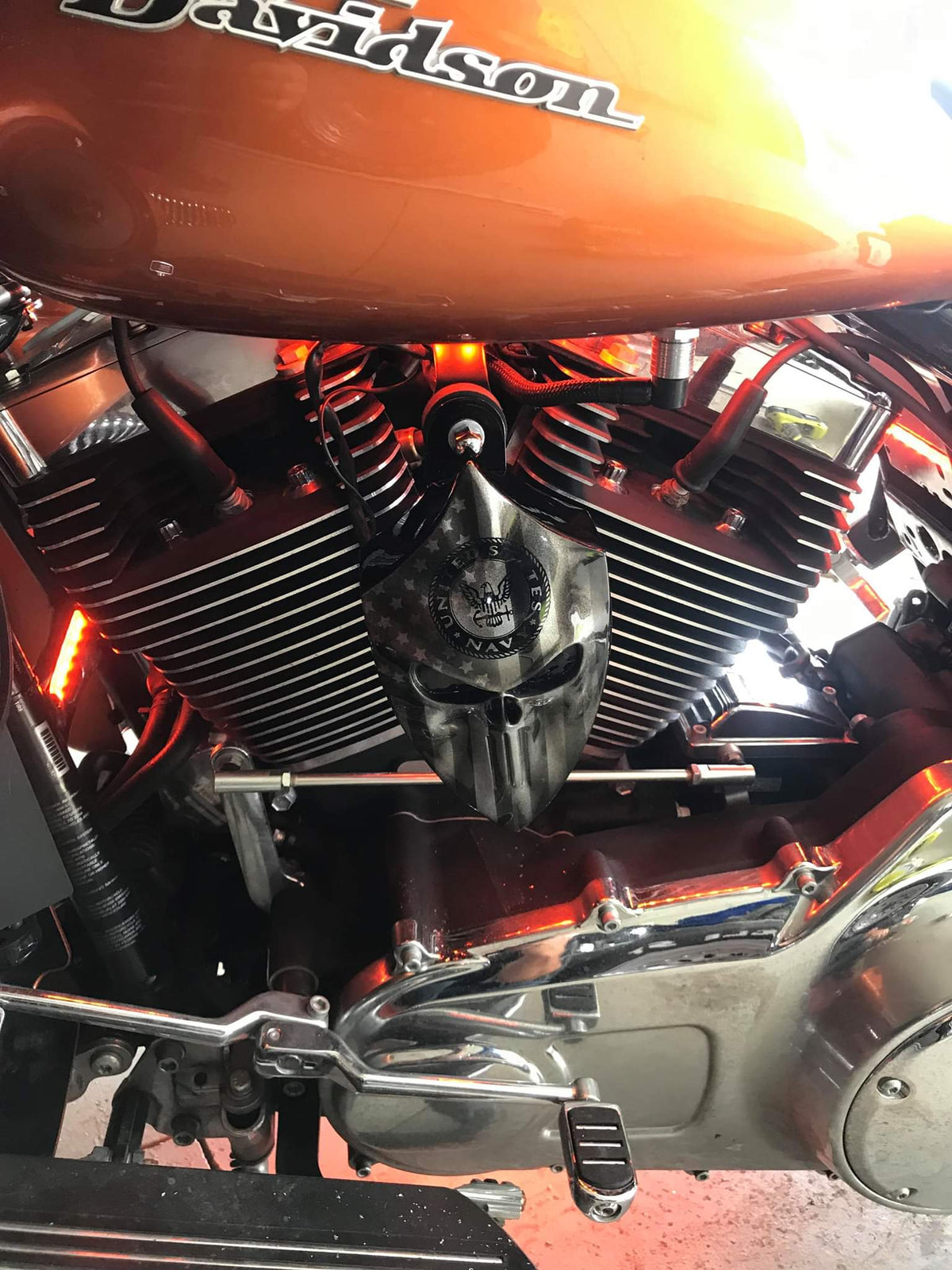 Custom Harley horn 3D Punisher with ghosted American flag Navy logo