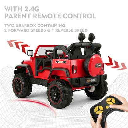 Red 12V Electric Ride-On Car with RC, LED Lights, USB, MP3, and Cover for Kids