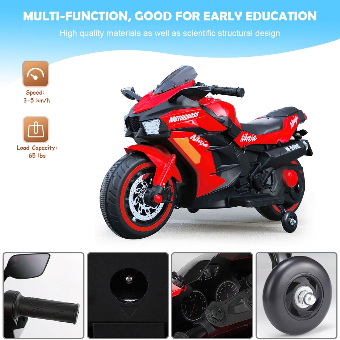 Red 12V Electric Ride-On Motorcycle for Kids