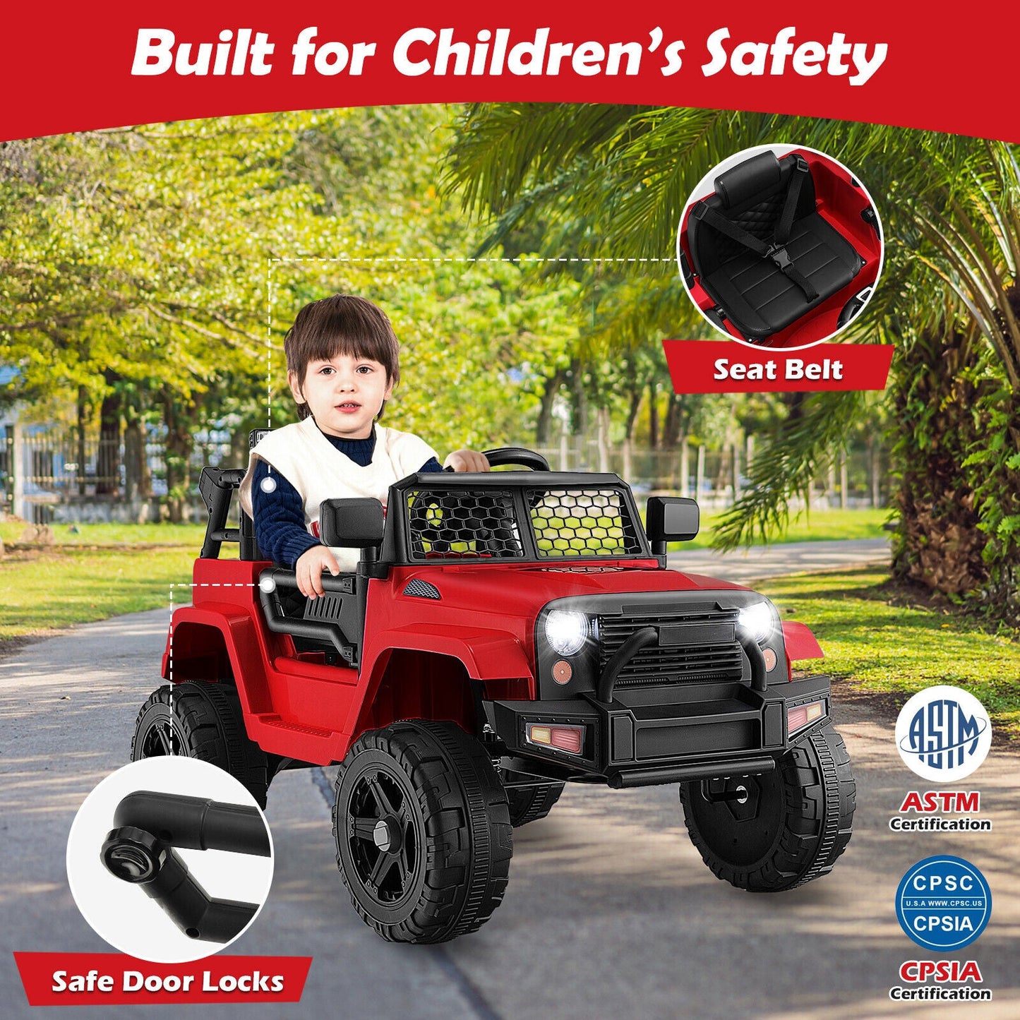 Red 12V Electric Ride-On Truck for Kids with Remote Control, Music, and Lights