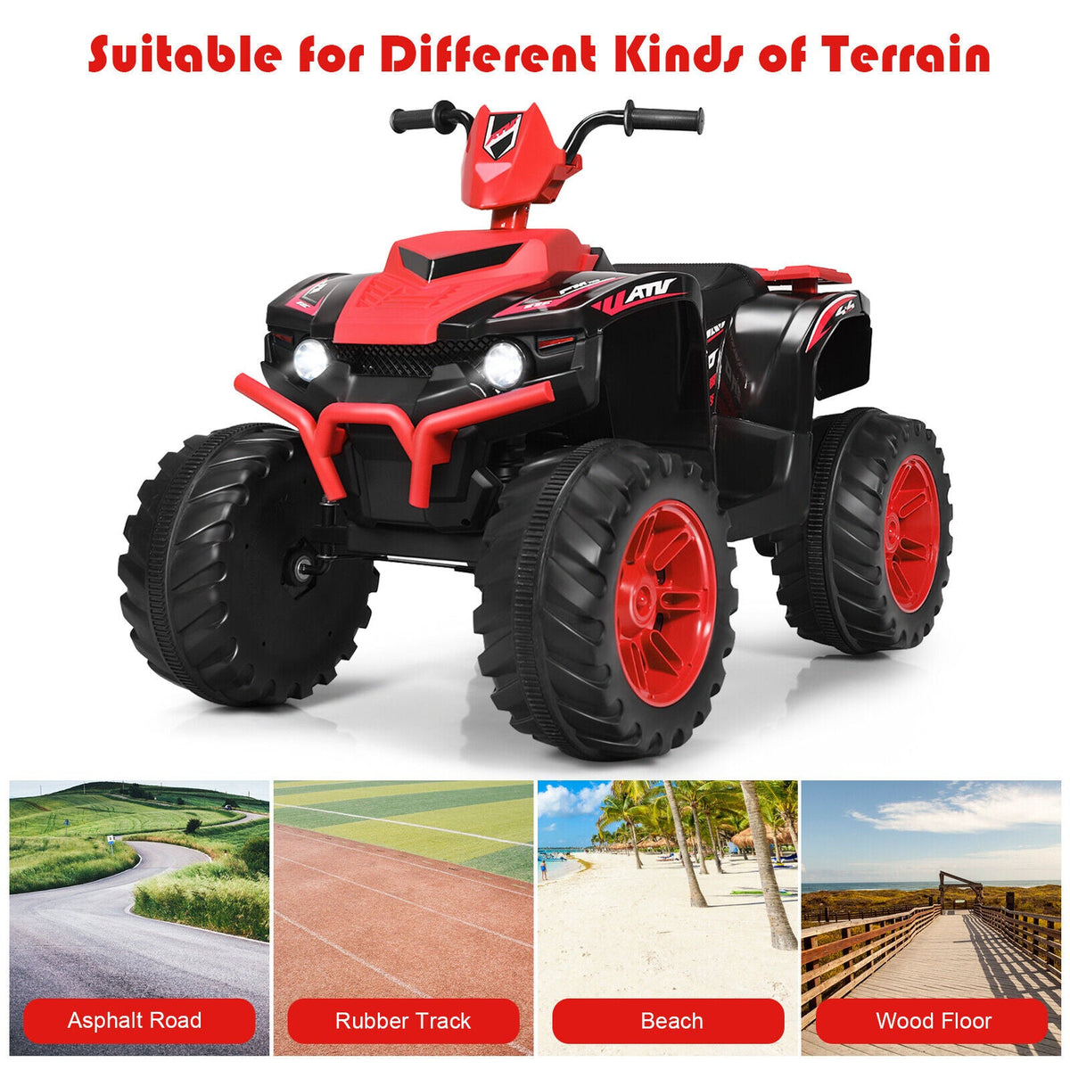 Red 12V Kids ATV Quad Ride On Car with LED Light and Music Toy