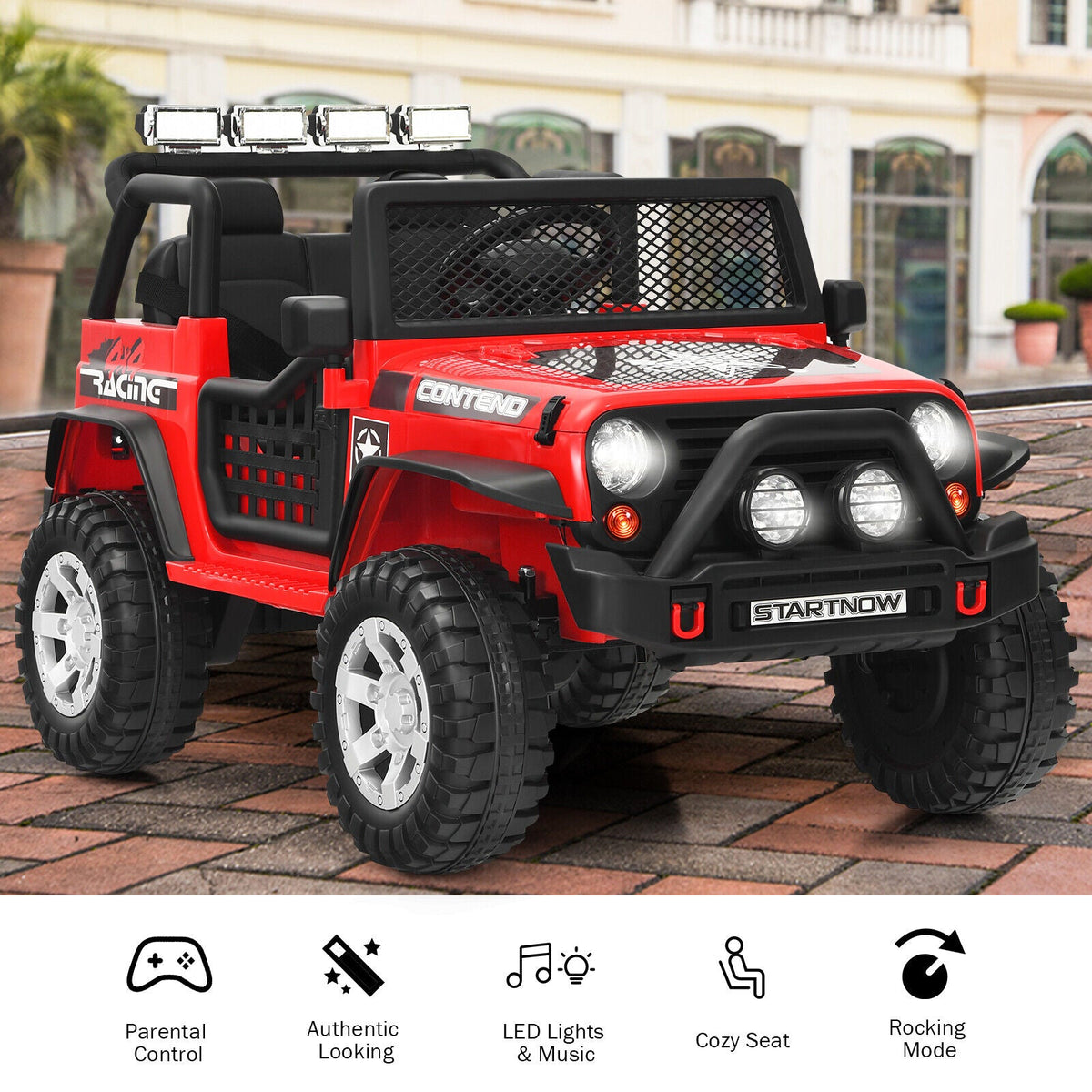 Red 12V Kids Ride On Truck with Remote Control, Lights, and Music