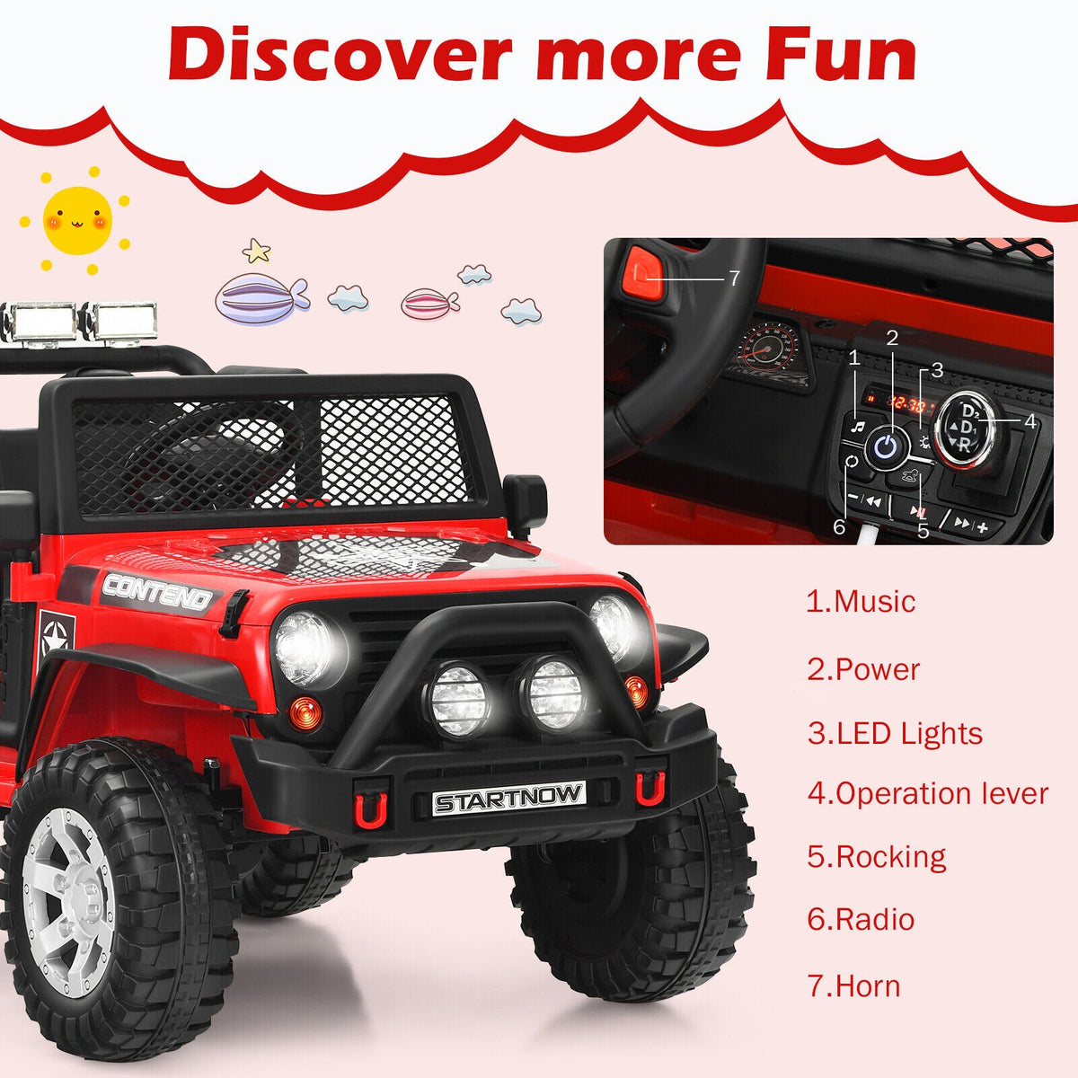 Red 12V Kids Ride On Truck with Remote Control, Lights, and Music