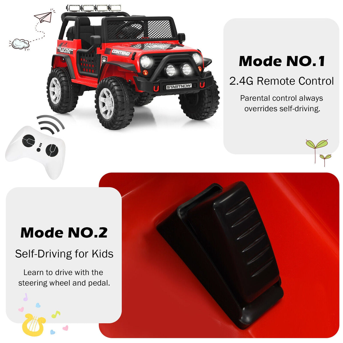 Red 12V Kids Ride On Truck with Remote Control, Lights, and Music