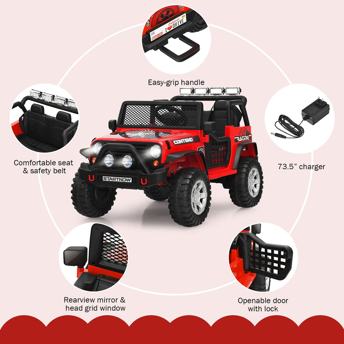 Red 12V Kids Ride On Truck with Remote Control, Lights, and Music