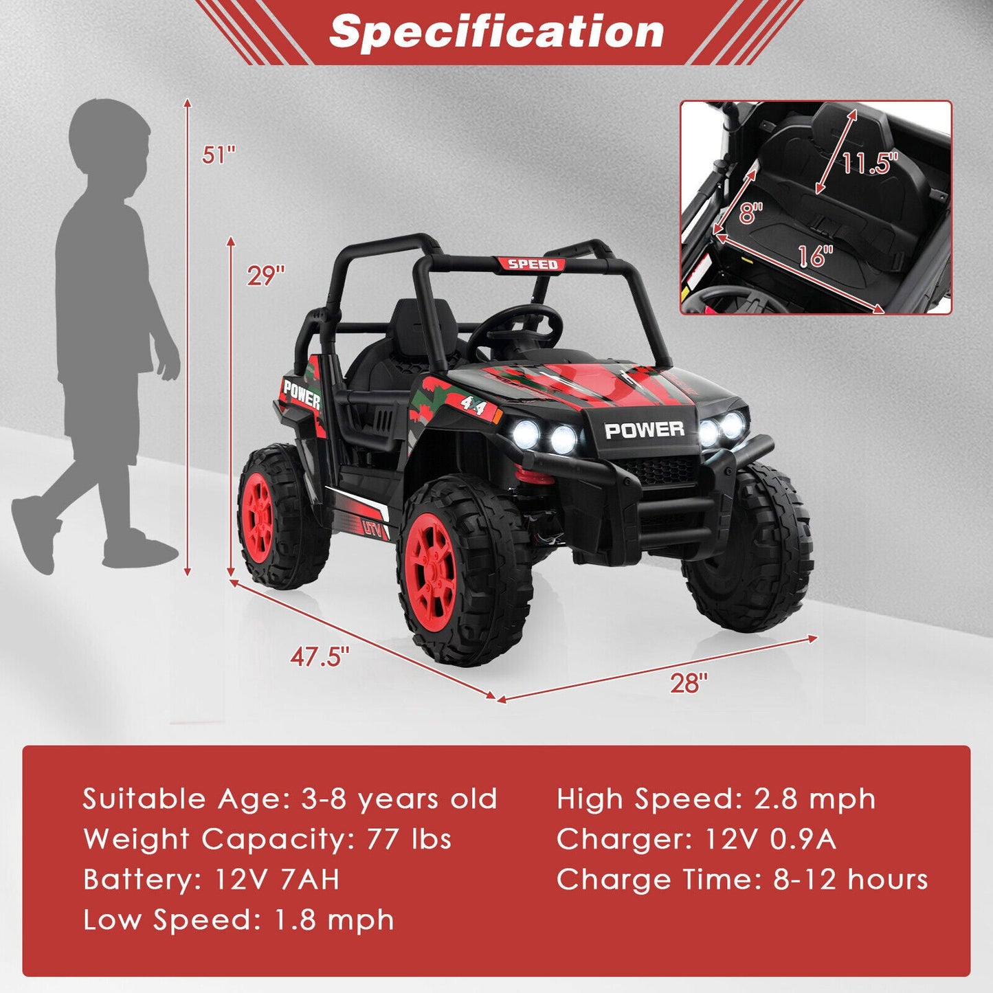 Red 12V Off-Road Electric Ride-On Truck with Realistic Horns and Engine Sounds for Kids
