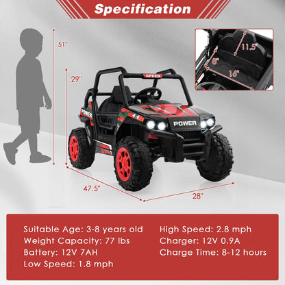 Red 12V Off-Road Electric Ride-On Truck with Realistic Horns and Engine Sounds for Kids