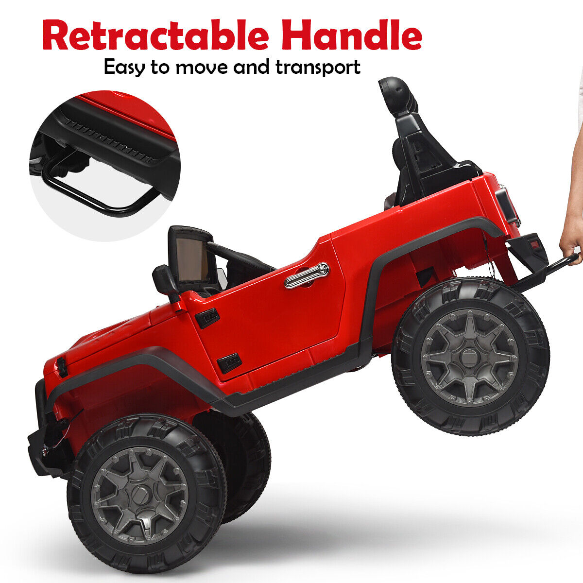 Red 12V RC Ride-On Truck with Spring Suspension, Lights, and Music for Kids
