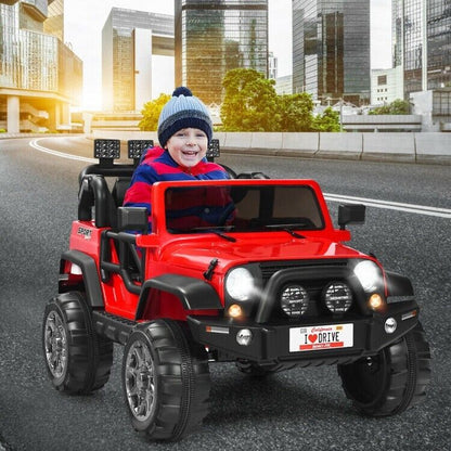 Red 2-Seater Ride-On Car Truck with Remote Control, LED Lights, and Storage Room - 12V