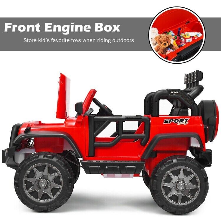 Red 2-Seater Ride-On Car Truck with Remote Control, LED Lights, and Storage Room - 12V