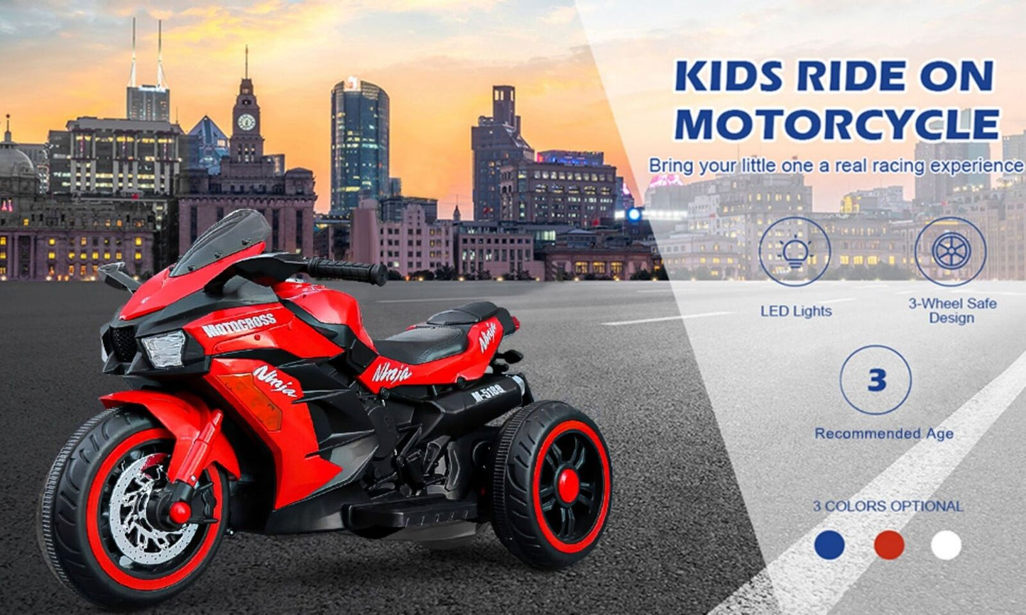 Red 3-Wheel Electric Motorcycle for Kids with Rechargeable 12V Battery