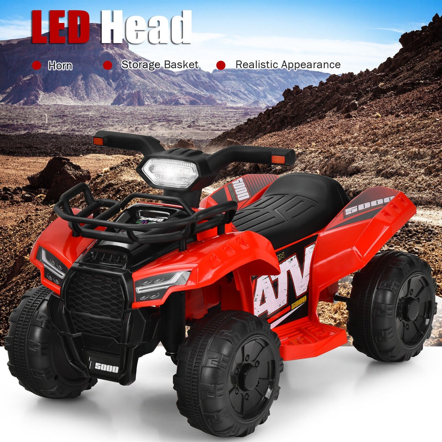 Red 6V Kids ATV Quad Electric Ride On Car with MP3 Player and LED Lights for Toddlers