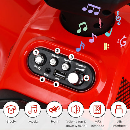 Red 6V Quad Ride-On Car for Kids with Music, Horn, and LED Lights