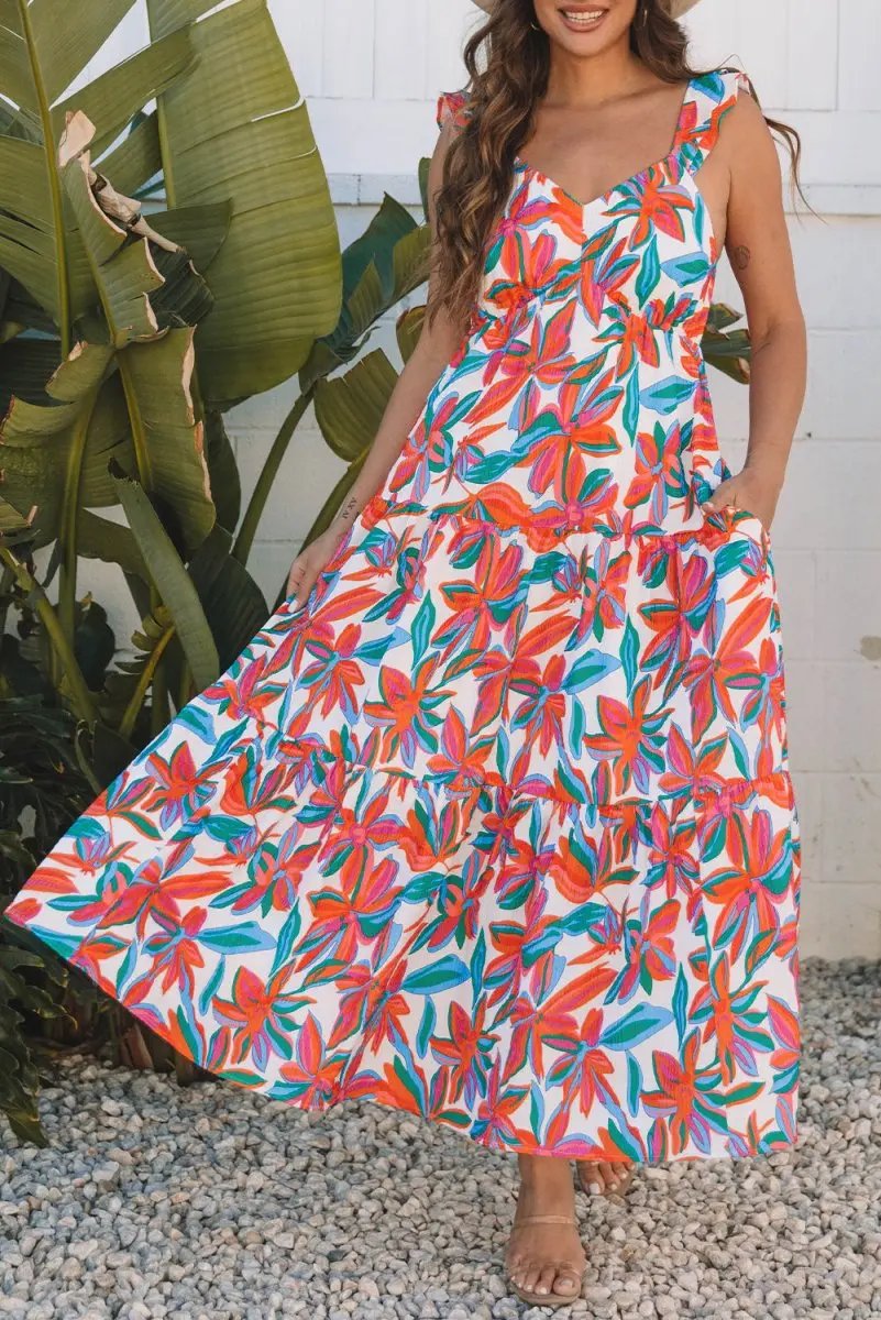 Women's Maxi Dresses Maxi Dress - Red Floral V Neck Ruffle - Summer Beach