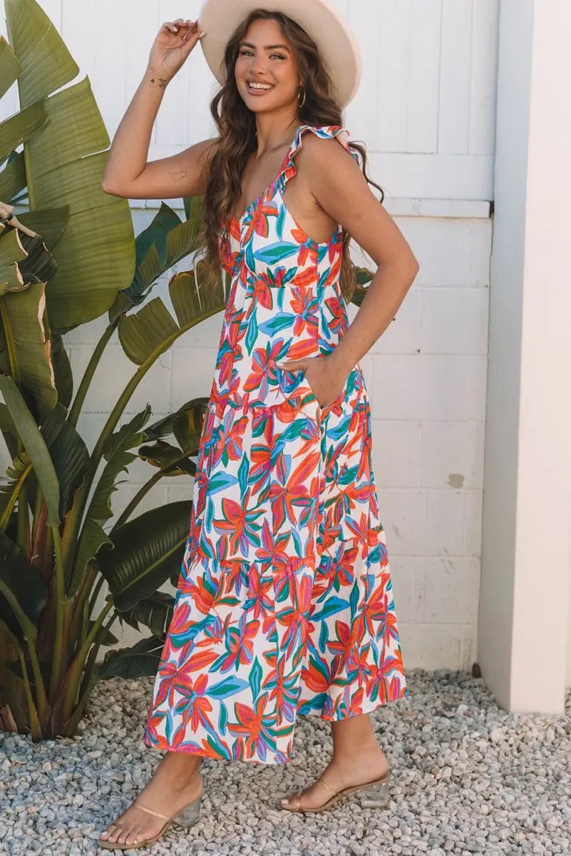 Women's Maxi Dresses Maxi Dress - Red Floral V Neck Ruffle - Summer Beach