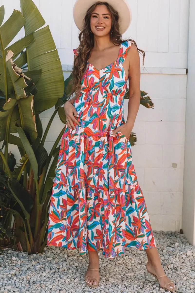 Women's Maxi Dresses Maxi Dress - Red Floral V Neck Ruffle - Summer Beach