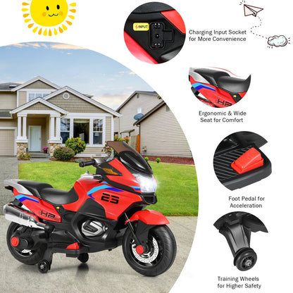 Red Electric Motor Bike for Kids with Training Wheels and Lights - 12V Ride On Motorcycle