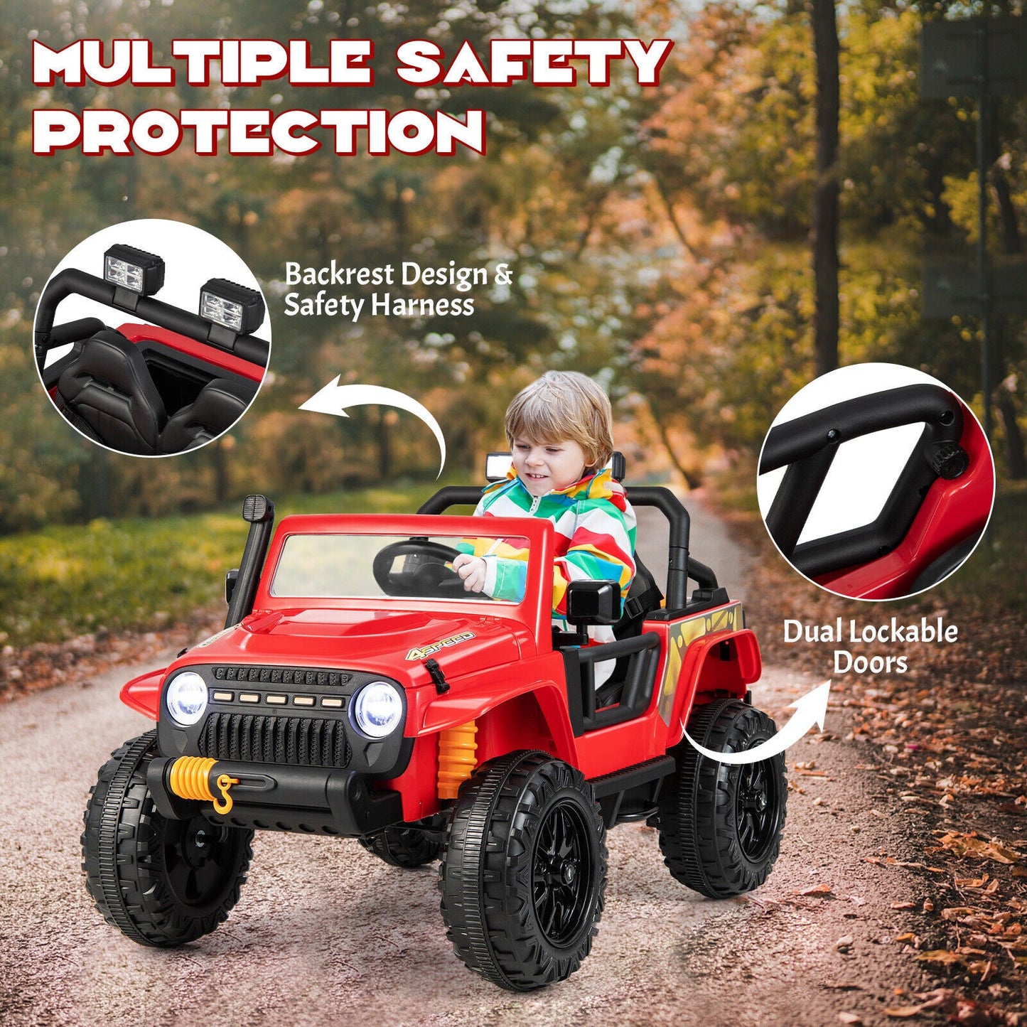 Red Parent-Child Ride On Truck with Remote Control, LED Lights, and Music - 12V 10AH