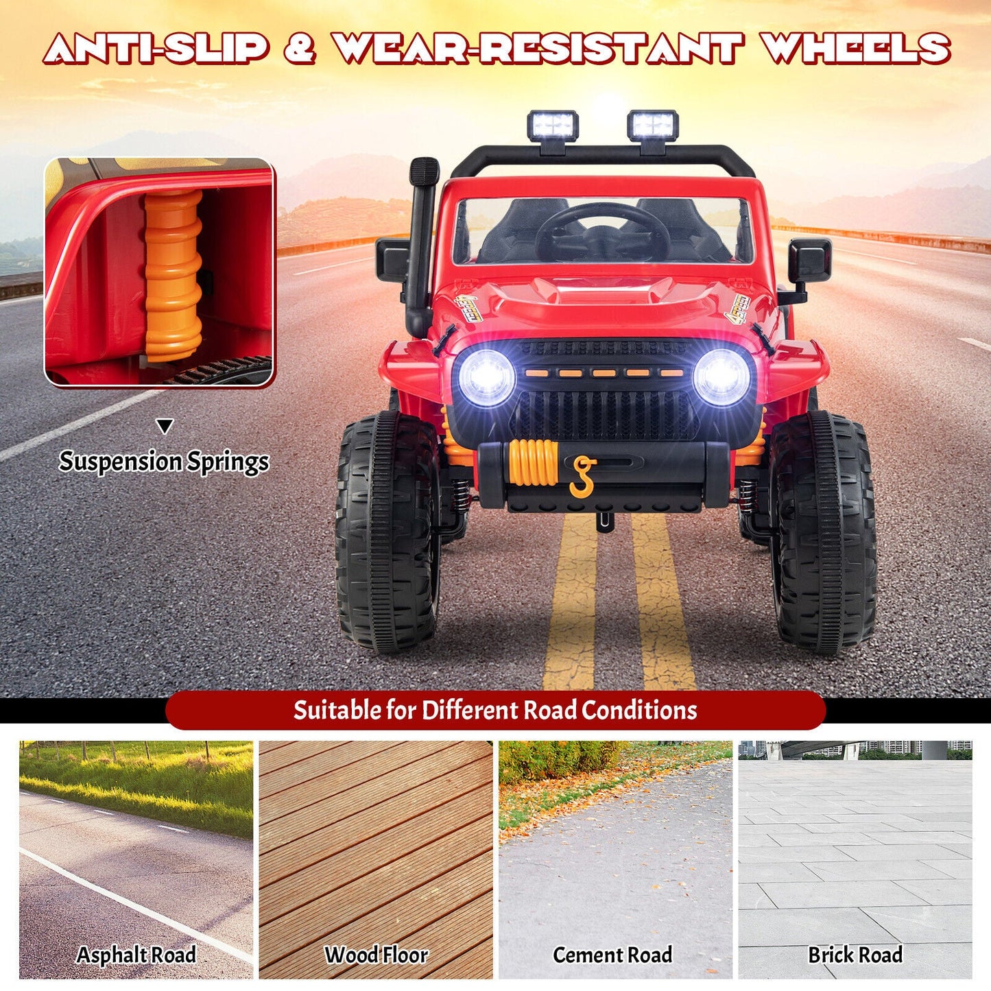 Red Parent-Child Ride On Truck with Remote Control, LED Lights, and Music - 12V 10AH