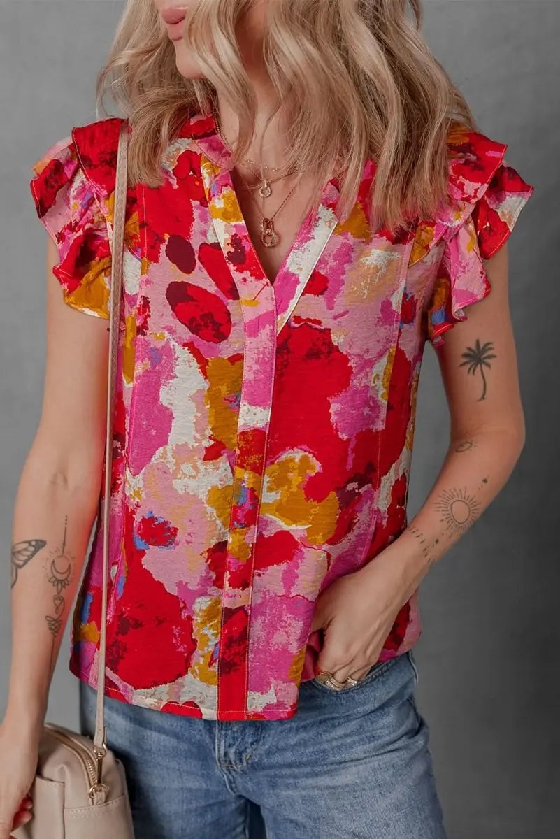 Pants Love Salve Red Ruffle Blouse Women's Daily Abstract Print Southern Belle Top: Summer Ready