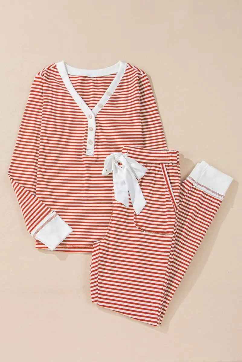 Pants Love Salve Red Stripe Lounge Set Women's Casual Two-Piece: Buttoned V-Neck, Knotted Waist