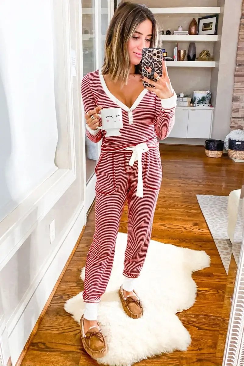 Pants Love Salve Red Stripe Lounge Set Women's Casual Two-Piece: Buttoned V-Neck, Knotted Waist