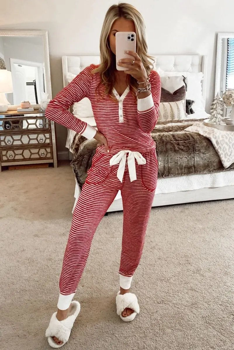 Pants Love Salve Red Stripe Lounge Set Women's Casual Two-Piece: Buttoned V-Neck, Knotted Waist