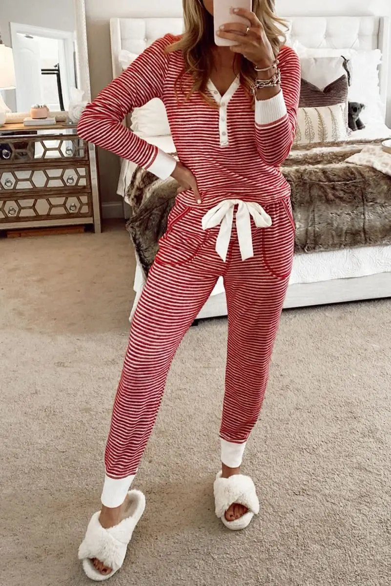 Pants Love Salve Red Stripe Lounge Set Women's Casual Two-Piece: Buttoned V-Neck, Knotted Waist