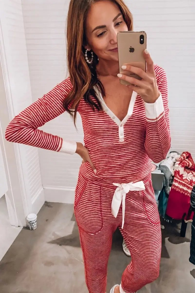 Pants Love Salve Red Stripe Lounge Set Women's Casual Two-Piece: Buttoned V-Neck, Knotted Waist