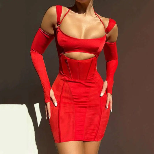 Red Two Piece Sling Tight Dress Fashion Mesh Set