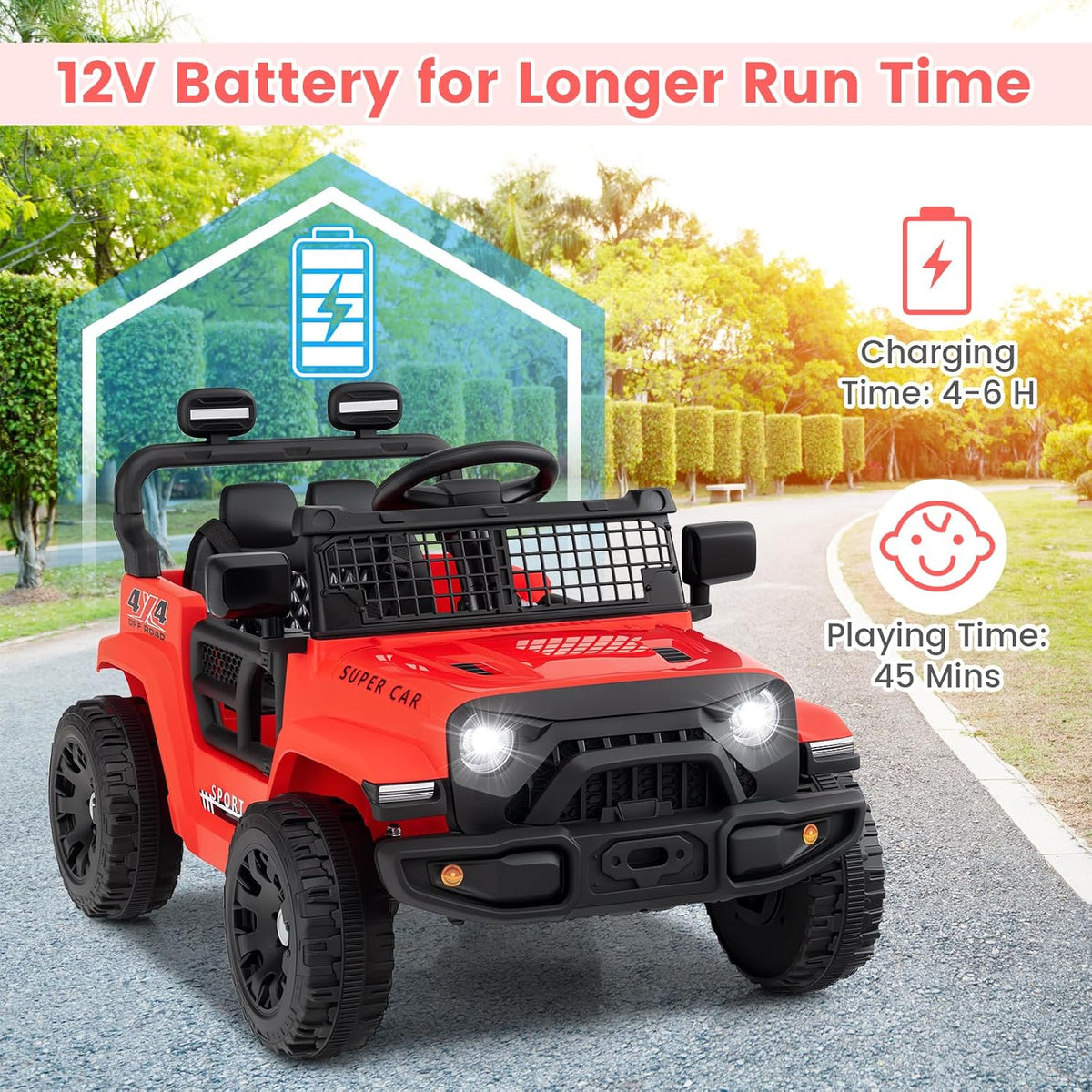 12V Electric Ride On Jeep Toy Car for Kids with Remote Control, USB, Bluetooth, and LED Lights