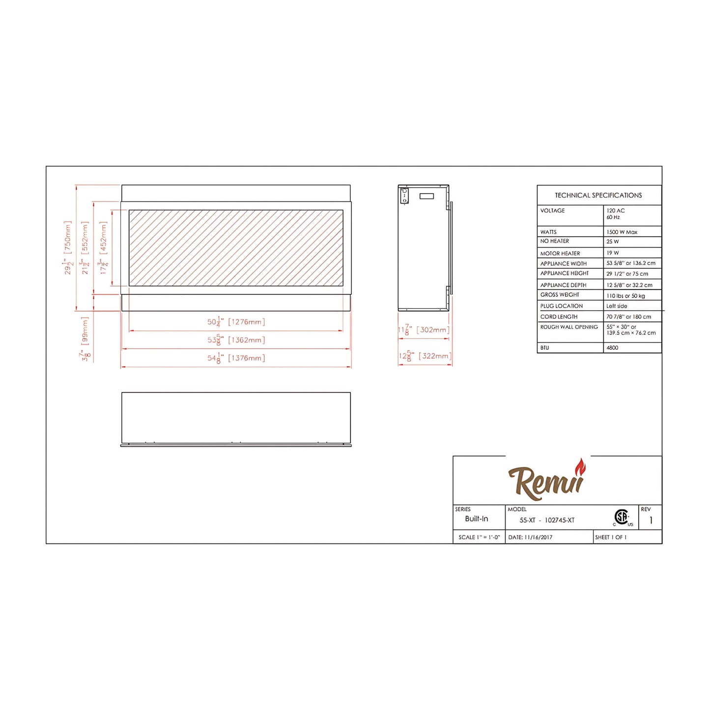 Remii Extra Tall 55-Inch Electric Fireplace With Remote Control [102755-XT] (SAK25578)