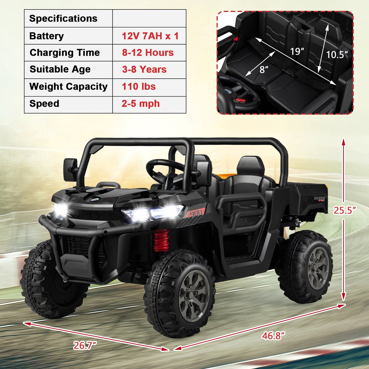 Remote Control Dump Truck with LED Headlights and Rear View Mirrors - 12V Ride-On Toy