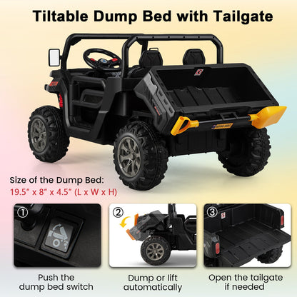 Remote Control Dump Truck with LED Headlights and Rear View Mirrors - 12V Ride-On Toy