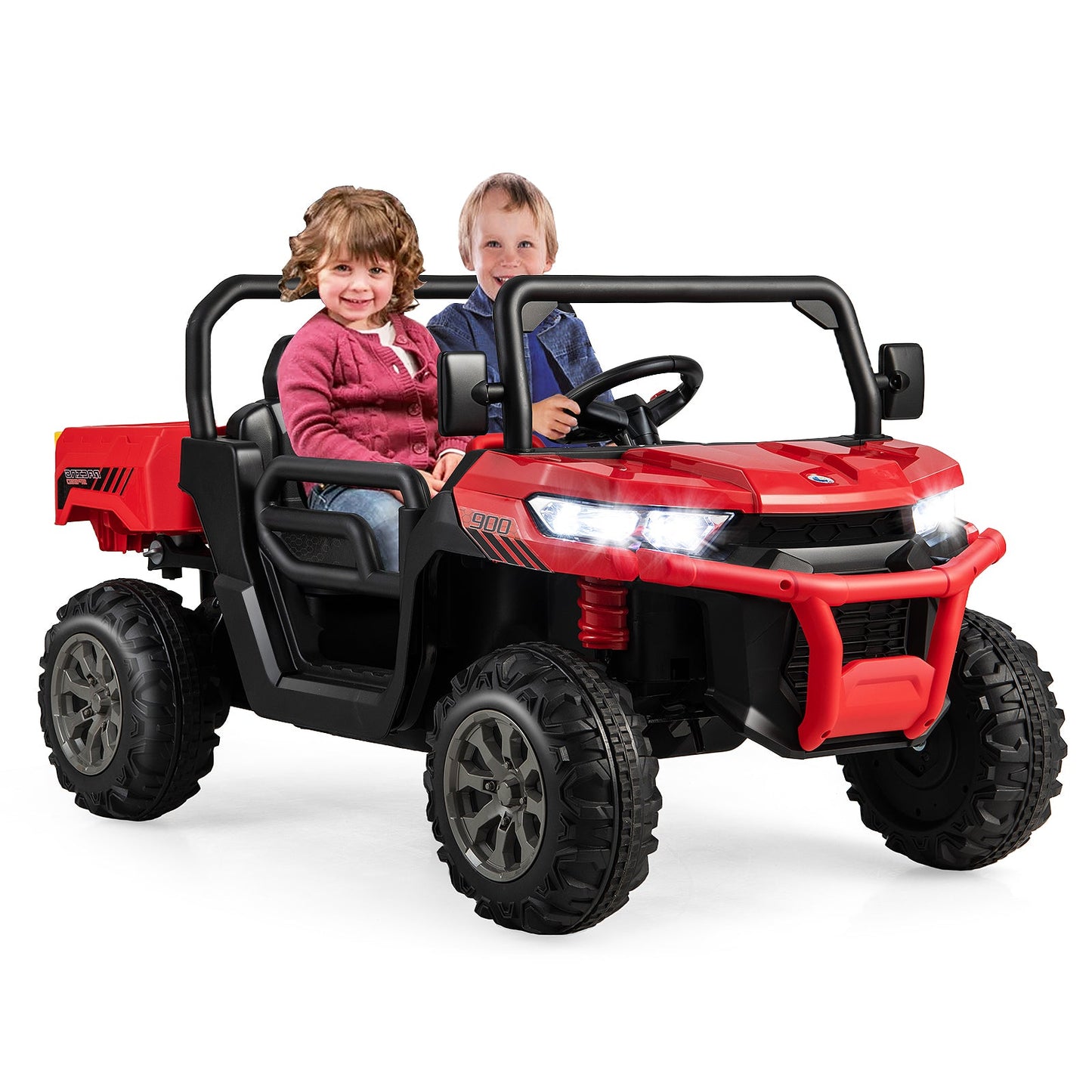 Remote Control Dump Truck with LED Headlights and Rear View Mirrors - 12V Ride-On Toy