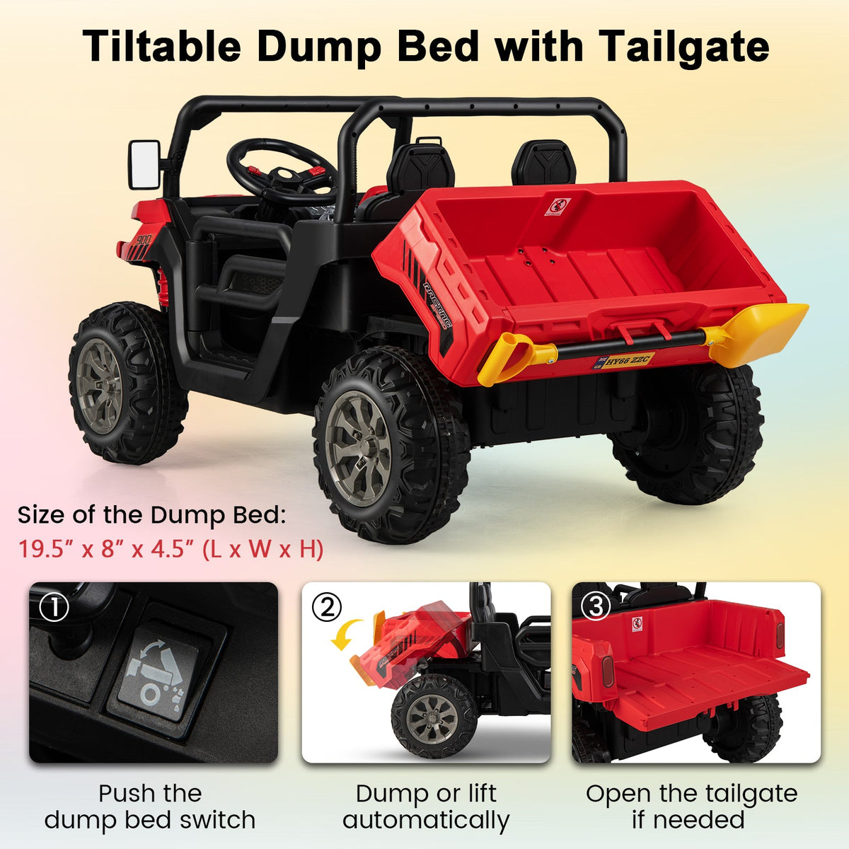 Remote Control Dump Truck with LED Headlights and Rear View Mirrors - 12V Ride-On Toy
