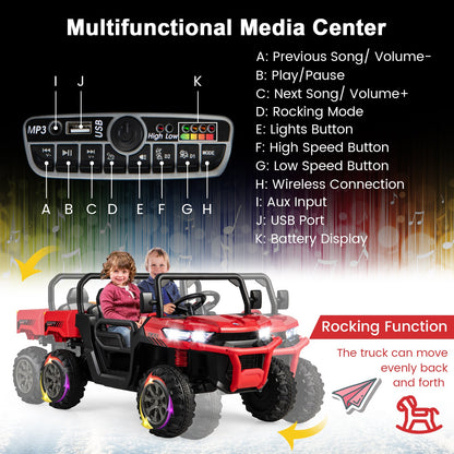 Remote Control Dump Truck with LED Headlights and Rear View Mirrors - 12V Ride-On Toy