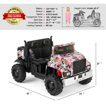 Camo Pink Ride-On Tractor with Trailer, Dump Bed, RC Control, and Bluetooth - 3 Speed Options