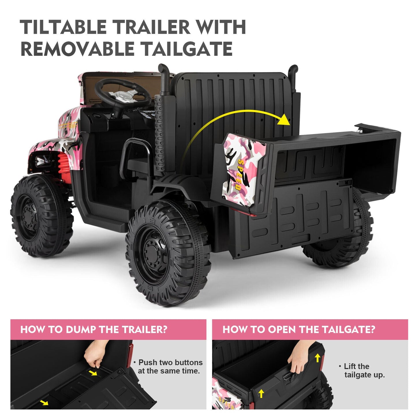 Camo Pink Ride-On Tractor with Trailer, Dump Bed, RC Control, and Bluetooth - 3 Speed Options