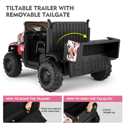 Camo Pink Ride-On Tractor with Trailer, Dump Bed, RC Control, and Bluetooth - 3 Speed Options